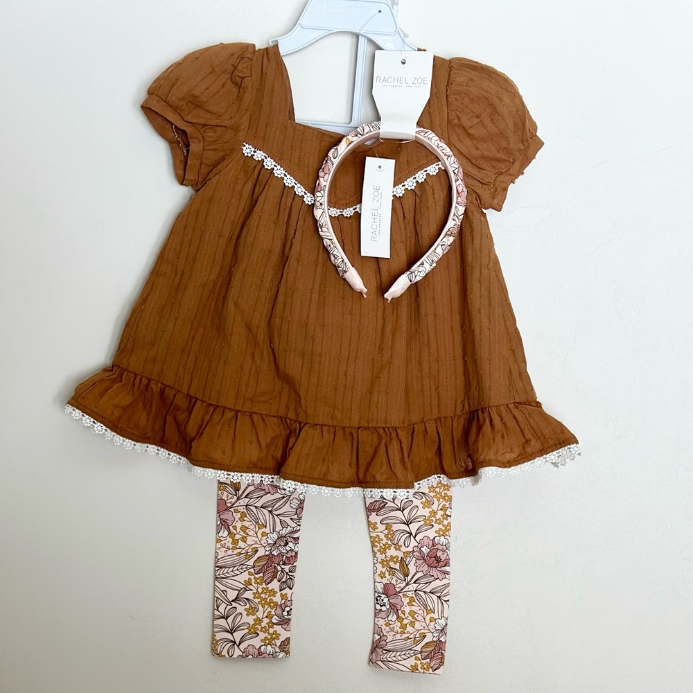 Rachel Zoe Toddler 3Pc Outfit 2T Brown Tunic Floral Leggings & Headband Boho NWT